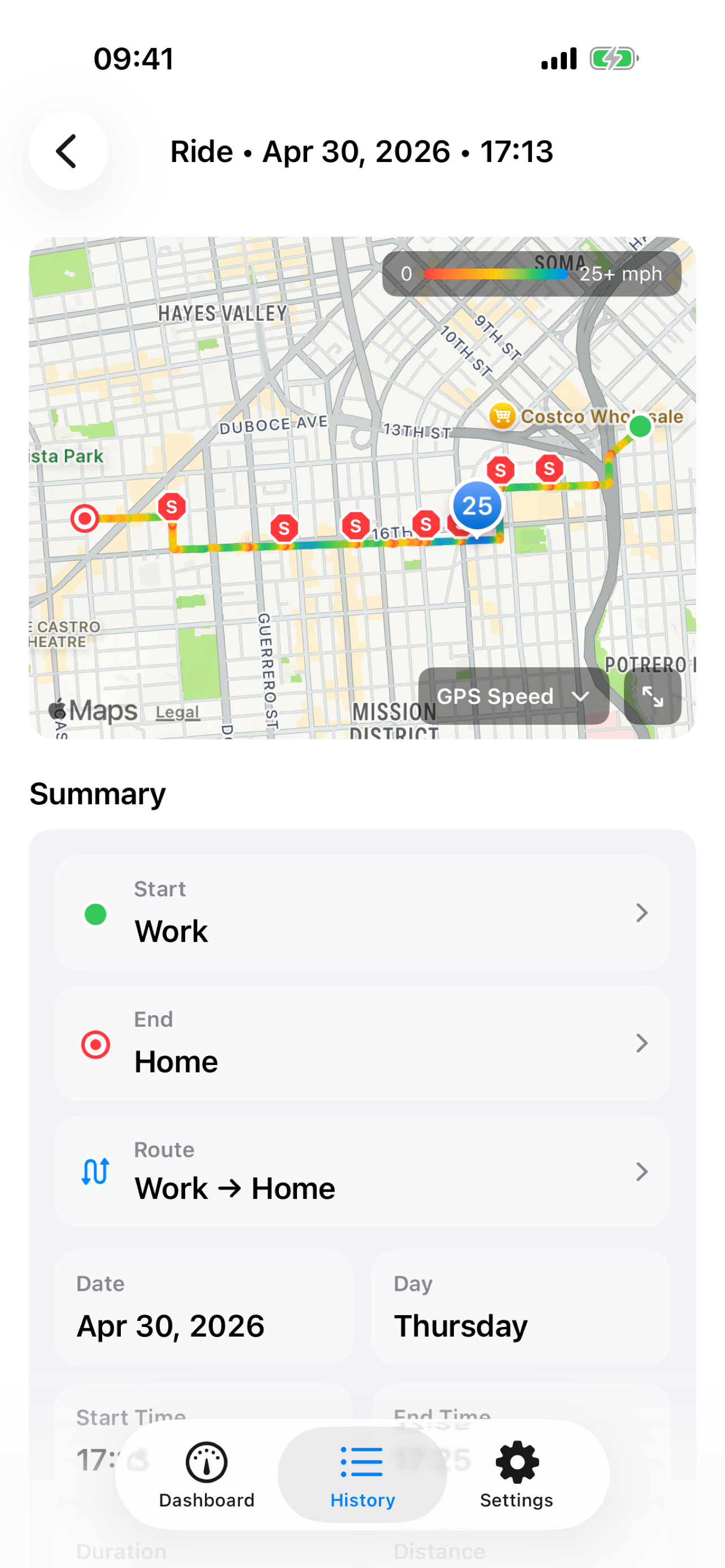 Ride detail with map and summary