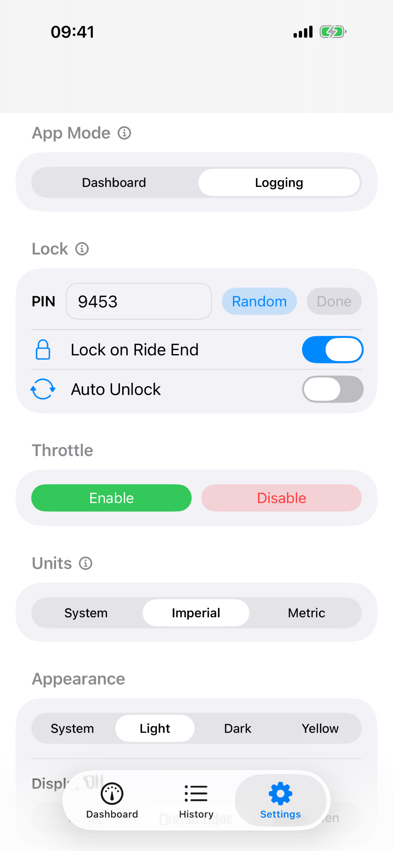 Settings screen